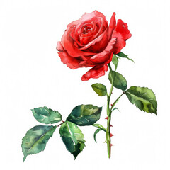 Sticker - Vibrant red rose with lush green leafs, simple watercolor illustration isolated on a white background 