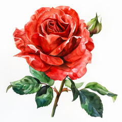 Sticker - Vibrant red rose with lush green leafs, simple watercolor illustration isolated on a white background 