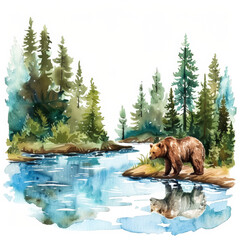 Sticker - Gentle brown bear fishing in a sparkling blue river surrounded by green trees, simple watercolor illustration isolated on a white background 