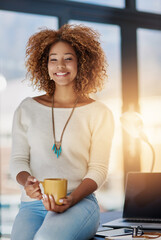 Poster - Black woman, creative and coffee in office with portrait, happy and laptop for media work in journalism. Girl, morning beverage for drinking with relax on desk, entrepreneur and startup agency.