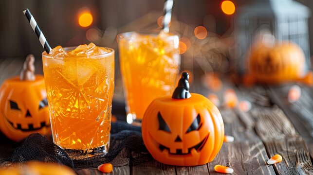 Cold orange cocktail for Halloween with pumpkins and decorations