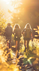 Wall Mural - A group of young friends hiking in the mountains