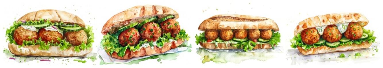 Wall Mural - Illustrated depiction of mouth-watering falafel sandwiches with fresh lettuce and cucumber, ideal for Middle Eastern cuisine promotions or vegetarian food festivals