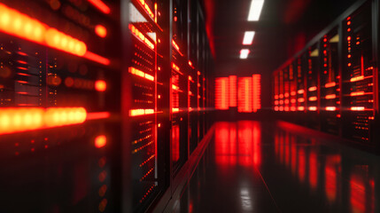 Poster - A row of computer servers in a data center. Concept of cyberspace, communication and technology.