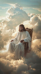 Wall Mural - Jesus Chirist sitting on a throne in heaven, surrounded by white clouds