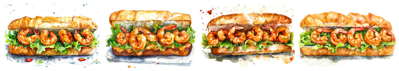 Watercolor illustrations of delicious shrimp po'boy sandwiches with lettuce, perfect for menus, food festivals, and Southern cuisine promotions