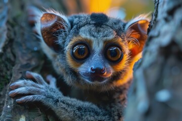 a bengal slow loris climbing a tree at dusk, its large, reflective eyes and gentle expression highli