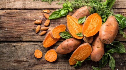 Concept of healthy vegan food shown in image of sweet potatoes on wooden surface