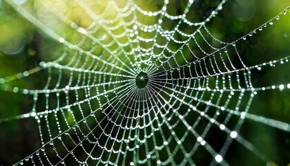 A close-up of a spider web glistening with dew drops, set against a softly blurred green background. This captivating image captures the delicate beauty of nature and the intricate design of the web