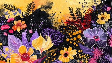 Poster - Colorful fantasy floral pattern with watercolor hand drawn elements on a yellow black and purple background