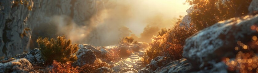 Warm sunlight streaming through rocky canyon with lush vegetation, creating a serene and tranquil natural landscape at dawn.