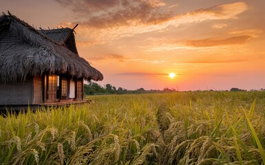 Wall Mural - Sunset sky over a rice field with a traditional village hut house in the left side image.