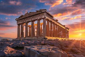 Vivid sunset illuminates parthenon temple at acropolis, athens, greece, creating a stunning backdrop