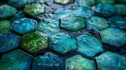 Wall Mural - A close-up view of tiled octagonal patterns, showcasing gradient shades of blue and green that merge to form a calming water-like effect. The background is a seamless flow of colors