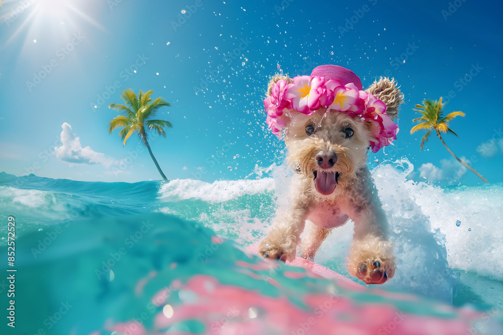 Cute poodle dog surfing and having fun on a surfboard wearing a floral ...