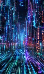 Wall Mural - Explore the futuristic world of digital landscapes with this captivating image of a holographic code network The intricate web of digital information is set against a mesmerizing backdrop