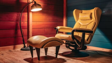 Sticker - A chair and ottoman in a room with wood paneling, AI