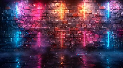 A modern design of neon stars on a brick wall background, giving off an urban vibe. The neon lights shine brightly against the textured bricks, creating a dramatic contrast.