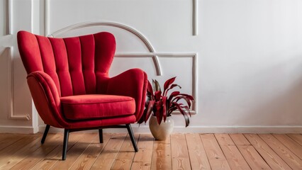 Wall Mural - A red chair sitting next to a potted plant on the floor, AI