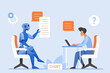 © lembergvector - User and chat bot conversation, chatgpt, digital helpdesk. Tiny man sitting at computer desk to type text and chat questions, robot holding speech bubbles of answers cartoon vector illustration