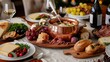 © JP STUDIO LAB - Elegant dinner scene with a copper fondue pot at the center, surrounded by gourmet cheeses, fresh bread, and fruits, set in a warmly lit, inviting room with plush seating