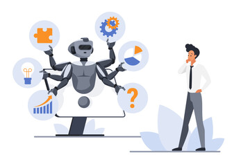 Leinwandbilder - Business project with multitask support online from chat bot, digital service for work productivity. Tiny businessman working with robot with many hands on computer screen cartoon vector illustration