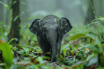 Wall Mural - A Borneo pygmy elephant walking through a dense rainforest, its small stature and long trunk used to grasp branches.