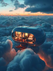 Modern futuristic cabin suspended in the clouds at sunset, offering a luxurious and serene retreat above the sky.