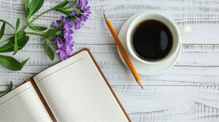 Wall Mural - Top down perspective of diary pencil coffee cup and purple flower on white wooden surface in a flat style