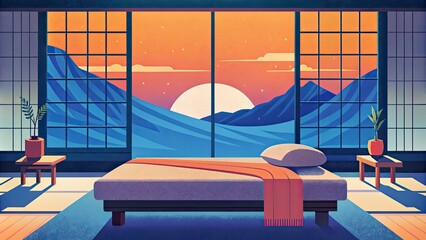 Wall Mural - Modern Bedroom with Mountain View at Sunset