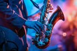 © ALEXSTUDIO - Jazz musician is playing the saxophone live on stage with blue and purple lighting