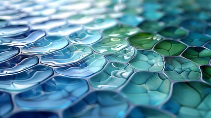 Wall Mural - An abstract design of tiled octagonal patterns with gradient shades of blue and green, creating a serene water-like effect. The background emphasizes the soothing gradient.