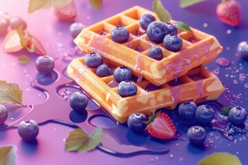 Wall Mural - A plate of stacked waffles topped with fresh blueberries and drizzled with sweet syrup