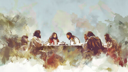 Wall Mural - A painting depicting Jesus and his disciples gathered around a table for a final meal, capturing a moment of peace and intimacy before the events that unfolded