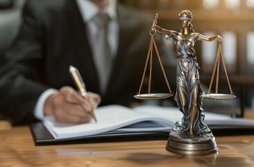 Wall Mural - Lawyer is holding the scale of justice while taking notes at his desk 