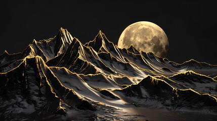 Wall Mural - Gold and black mountains with moonlight, 3D relief sculpture, golden texture, Chinese landscape painting style