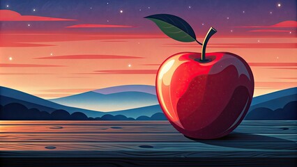 Canvas Print - Shiny Red Apple on a Lake Shore at Sunset