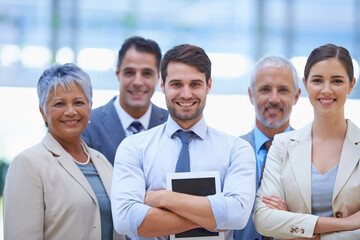 Poster - Meeting, tablet and portrait of business people for teamwork, brainstorming ideas and discussion. Corporate, collaboration and men and women with technology, documents and online report for project