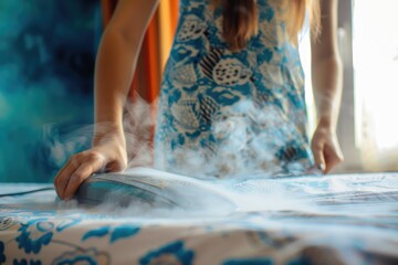 Wall Mural - A woman is ironing on a bed, wearing a blue dress