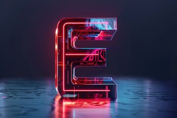 A single neon lit letter E on a reflective surface, often used in modern design and technology illustrations