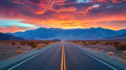 A long empty road leads towards distant mountains under a vibrant, fiery sunset sky in an arid desert landscape, creating a sense of adventure.