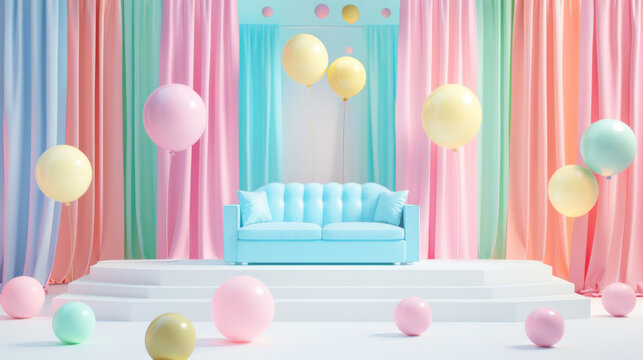 Vibrant living room scene featuring a pastel blue sofa, colorful curtains, and floating balloons in various pastel shades.