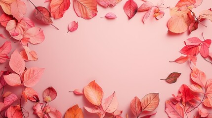 Wall Mural - Frame of autumn leaves on pink background
