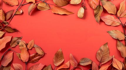 Wall Mural - Frame of autumn leaves on a red background