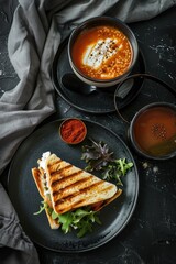 Wall Mural - A plate with a sandwich and a bowl of soup, ideal for food photography or editorial use