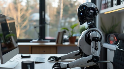 Poster - A robot sitting in front of a computer monitor with multiple screens and various devices