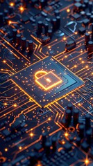 Wall Mural - Close-up of a glowing lock icon on a circuit board, representing cybersecurity and data protection in the digital age.