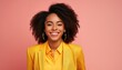 © Marko - Happy beauty business girl, smiling and laughing, wearing bright clothes on bright solid background