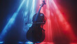 © Avelino - Cello illuminated by blue and red spotlights on a dark stage. Generated by AI.