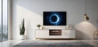 © samsulalam - Modern living room with a big tv showing a solar eclipse, offering a captivating view